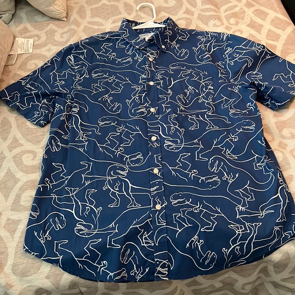 Old Navy blue Dinosaur button down, size slim-fit large